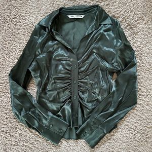 Zara dark green satin ruched long sleeve button up top